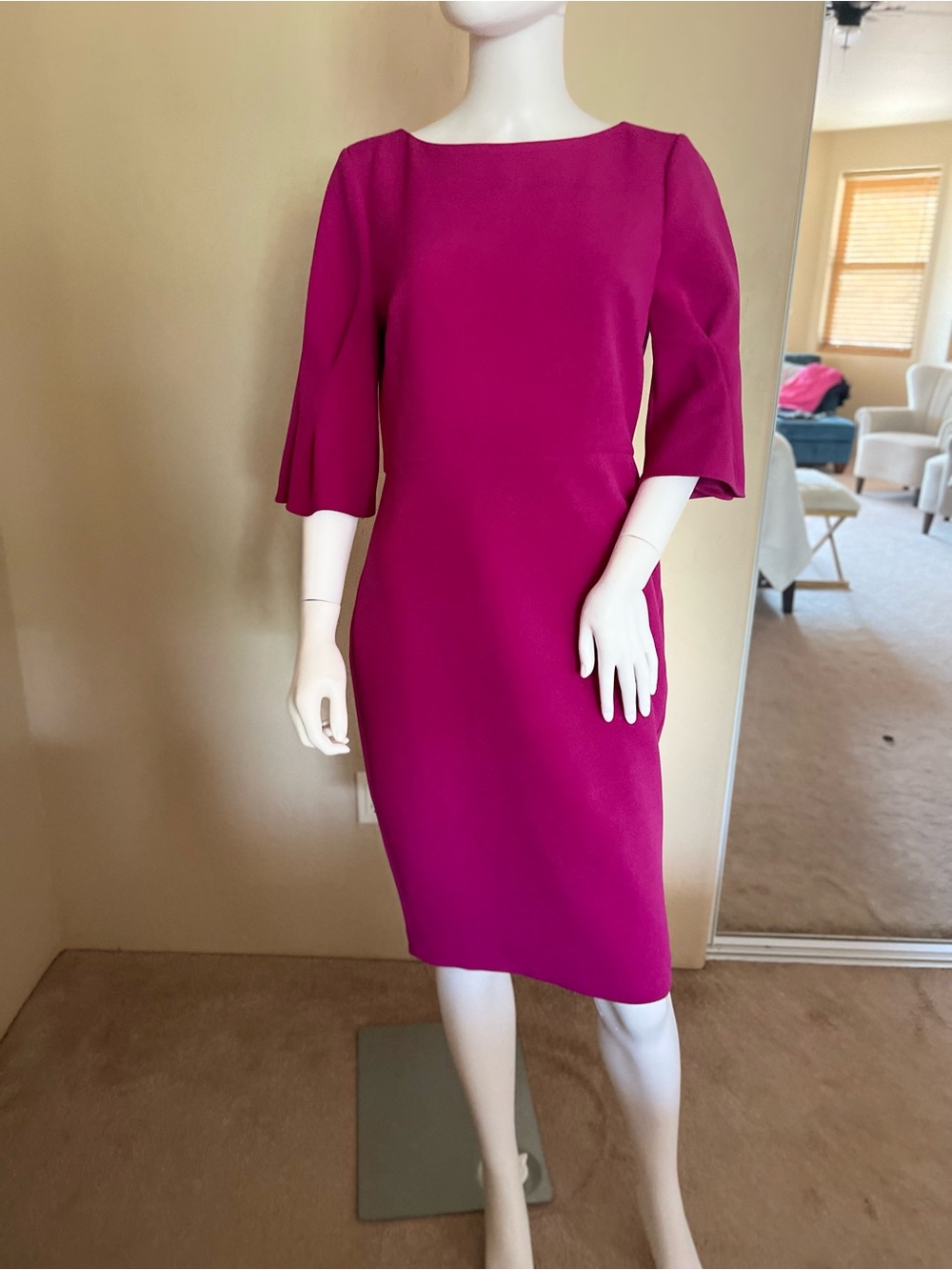 Badgley Mischka Fuchsia Midi Sheath Dress with Elbow Sleeves
